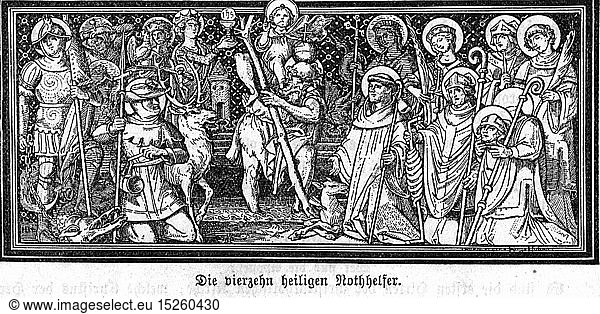 SG hist.  Religion  Christentum  Heilige  'Die vierzehn heiligen Nothelfer'  Xylografie  19. Jahrhundert