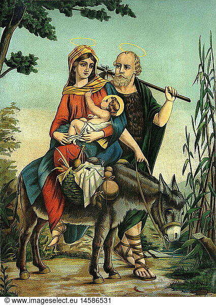 SG hist.  Religion  Christentum  Heilige Familie  Flucht nach Ã„gypten  religiÃ¶ses Wandbild  Lithographie  Deutschland  um 1880
