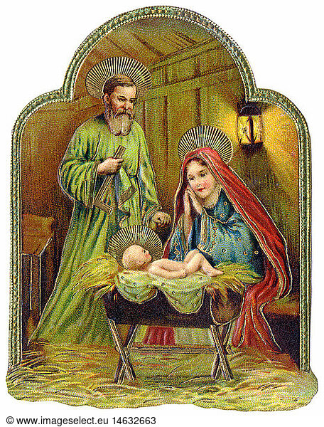 SG hist.  Religion  Christentum  Heilige Familie  Maria  Josef  Jesus  Jesuskind  Krippe  Glanzbild  Lithographie  Deutschland  1901