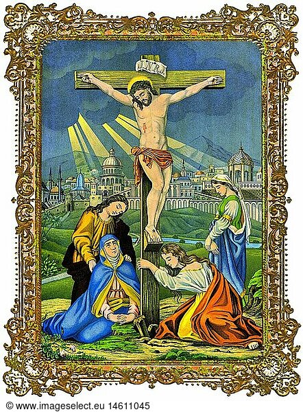 SG hist.  Religion  Christentum  Jesus am Kreuz  Kreuzigung  Maria Magdalena trauert unter dem Kreuz  christliches Wandbild  Deutschland  1880