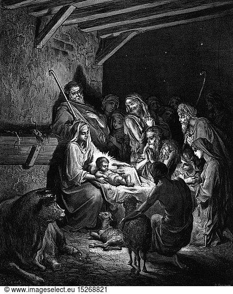 SG hist.  Religion  Christentum  Jesus Christus  Geburt  Geburt Jesu  Xylografie von Gustave Dore (1832 - 1883)  Tours  1866