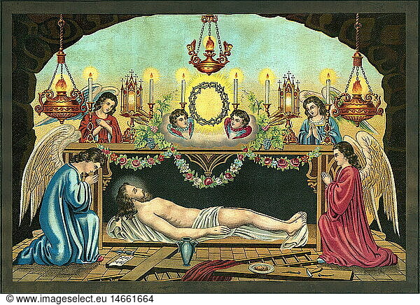 SG hist.  Religion  Christentum  Jesus Christus  Heiliges Grab Jesu mit Grabengel  Lithographie  Deutschland  um 1880