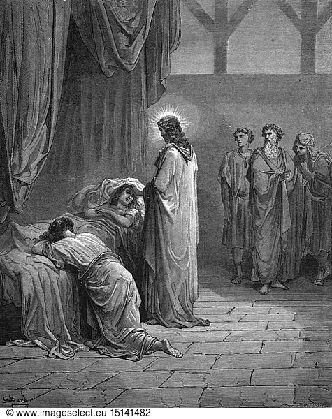 SG hist.  Religion  Christentum  Jesus Christus  Szenen aus seinem Leben  Auferweckung der Tochter des Jairus  Xylografie von Gustave Dore (1832 - 1883)  Tours  1866