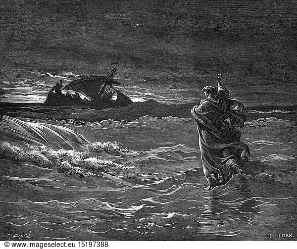 SG hist.  Religion  Christentum  Jesus Christus  Szenen aus seinem Leben  Jesus auf dem Meer  Xylografie von Gustave Dore (1832 - 1883)  Tours  1866
