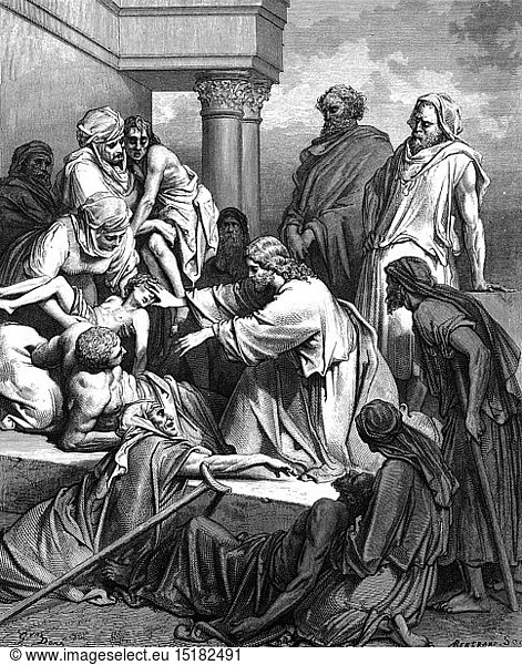 SG hist.  Religion  Christentum  Jesus Christus  Szenen aus seinem Leben  Jesus heilt Kranke  Xylografie von Gustave Dore (1832 - 1883)  Tours  1866
