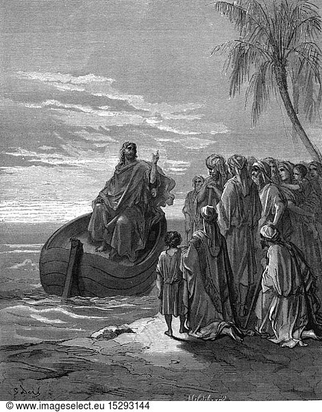 SG hist.  Religion  Christentum  Jesus Christus  Szenen aus seinem Leben  Jesus predigt auf dem See Genezareth  Xylografie von Gustave Dore (1832 - 1883)  Tours  1866