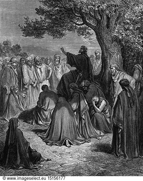 SG hist.  Religion  Christentum  Jesus Christus  Szenen aus seinem Leben  Jesus predigt der Menge  Xylografie von Gustave Dore (1832 - 1883)  Tours  1866