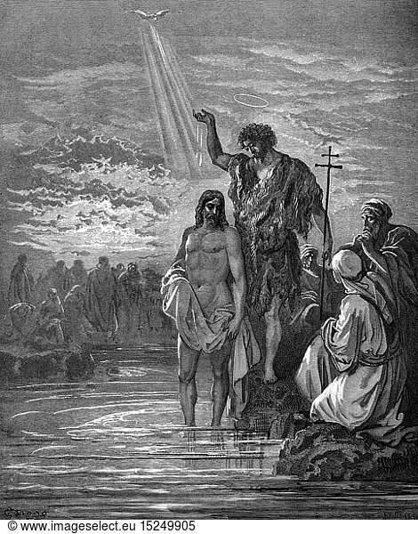 SG hist.  Religion  Christentum  Jesus Christus  Szenen aus seinem Leben  Taufe Jesu  Xylografie von Gustave Dore (1832 - 1883)  Tours  1866