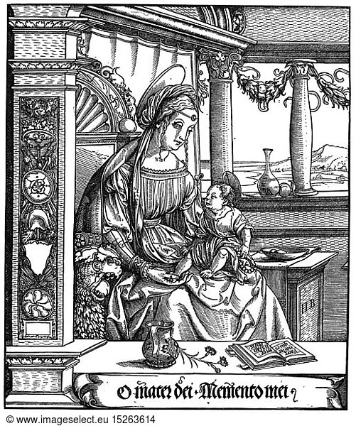 SG hist.  Religion  Christentum  Madonna / Maria mit Kind  Madonna mit dem Kind  Holzschnitt  von Hans Burgkmair der Ã„ltere (1473 - 1531)  16. Jahrhundert