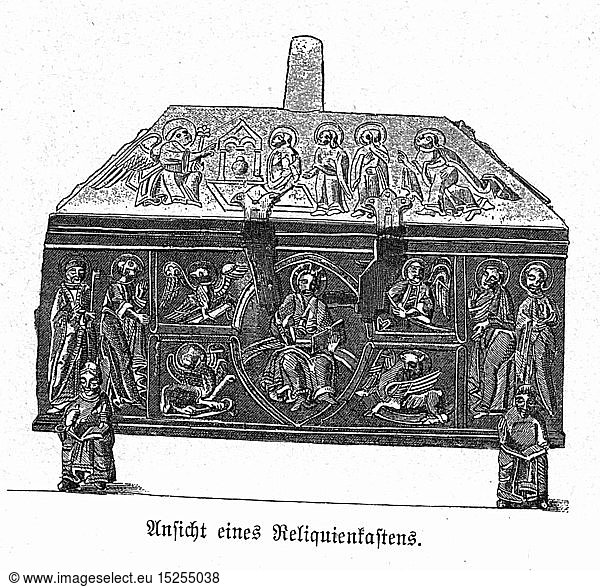 SG hist.  Religion  Christentum  Reliquien  Reliquienschrein  Xylografie  19. Jahrhundert