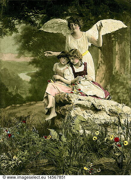 SG hist.  Religion  Christentum  Schutzengel behÃ¼tet Kinder im Wald  Illustration  Deutschland  um 1905