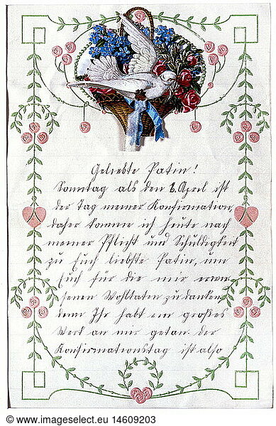 SG hist.  Religion  Riten und BrÃ¤uche  Konfirmation  Dankesbrief an die 'Geliebte Patin'  Luxuspapier mit Ornamenten  um 1910  Privatsammlung