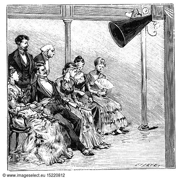 SG hist.  Rundfunk  AnfÃ¤nge  Ãœbertragung eines Konzert durch Telefon in New York City  ZuhÃ¶rer in Massachusetts  Xylografie  1892
