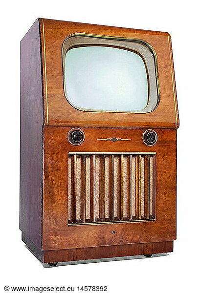 SG hist.  Rundfunk  Fernsehen  Fernseher  Nordmende 'Favorit'  einer der ersten in Serie produzierten deutschen Nachkriegsfernseher  mit 43 cm BildrÃ¶hre  schwarzweiss  Edelholz Truhe  1953