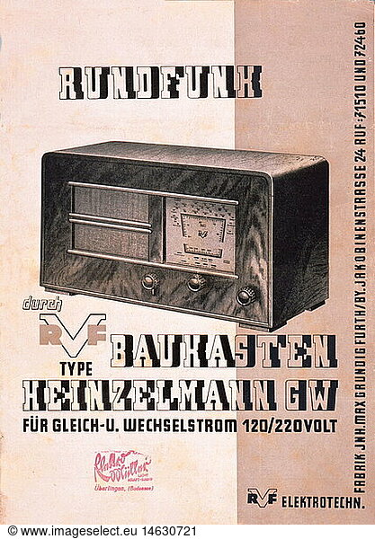 SG hist.  Rundfunk  Radio  Prospekt  Werbung fÃ¼r das RadiogerÃ¤t Heinzelmann  1946 SG hist., Rundfunk, Radio, Prospekt, Werbung fÃ¼r das RadiogerÃ¤t Heinzelmann, 1946,