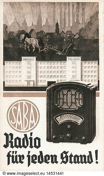 SG hist.  Rundfunk  Radio  Saba Radio  Werbung fÃ¼r RadiogerÃ¤t  abgebildet Saba 521 WL  Deutschland  um 1934 SG hist., Rundfunk, Radio, Saba Radio, Werbung fÃ¼r RadiogerÃ¤t, abgebildet Saba 521 WL, Deutschland, um 1934,