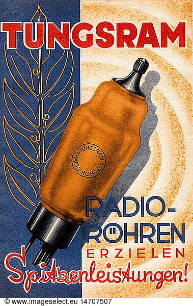 SG hist.  Rundfunk  Radio  Werbung fÃ¼r Radio RÃ¶hren von Tungsram  Deutschland  1936 SG hist., Rundfunk, Radio, Werbung fÃ¼r Radio RÃ¶hren von Tungsram, Deutschland, 1936,