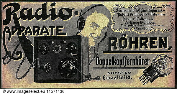 SG hist.  Rundfunk  Radio  Werbung fÃ¼r Radioapparate  RÃ¶hren und KopfhÃ¶rer der Firma TeKaDe SÃ¼ddeutsche Telefon-Apparate-Kabel-Drahtwerke AG  Deutschland  1923