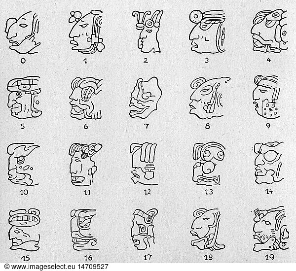 SG hist.  Schrift  Maya  Schriftzeichen fÃ¼r Zahlen  0 - 19  nach J.E. Thompson  'Civilization of the Mayas'  1927 SG hist., Schrift, Maya, Schriftzeichen fÃ¼r Zahlen, 0 - 19, nach J.E. Thompson, 'Civilization of the Mayas', 1927,