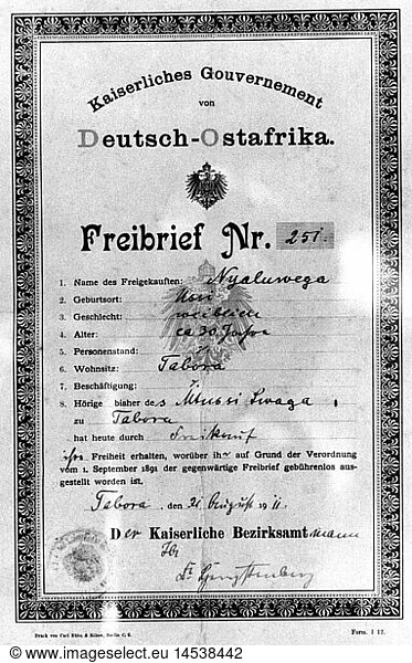 SG hist.  Sklaverei  Dokumente  Freibrief einer ehemaligen Sklavin aus Deutsch-Ostafrika  ausgestellt vom kaiserlich deutschen Gouvernement  31.8.1911