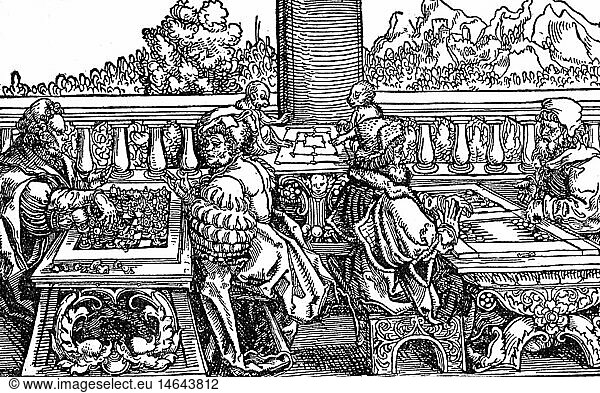 SG hist.  Spiel  Schach  Puff & MÃ¼hle spielende MÃ¤nner  Holzschnitt von Hans Weiditz zu 'Trostspiegel im GlÃ¼ck und UnglÃ¼ck' von Francesco Petrarca (1304 - 1374)  Frankfurt/Main  1596 SG hist., Spiel, Schach, Puff & MÃ¼hle spielende MÃ¤nner, Holzschnitt von Hans Weiditz zu 'Trostspiegel im GlÃ¼ck und UnglÃ¼ck' von Francesco Petrarca (1304 - 1374), Frankfurt/Main, 1596,