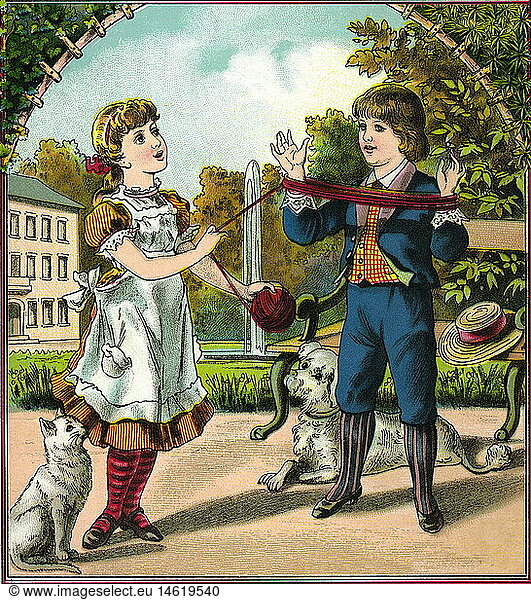 SG hist.  Spiel  spielende Kinder im Park  MÃ¤dchen  Junge  mit WollknÃ¤uel  Deutschland  1889 SG hist., Spiel, spielende Kinder im Park, MÃ¤dchen, Junge, mit WollknÃ¤uel, Deutschland, 1889,