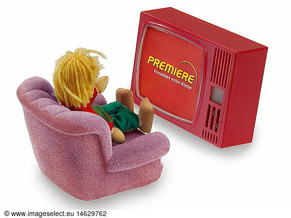SG hist.  Spielzeug  Minifernseher  Puppe schaut Premiere  um 2007