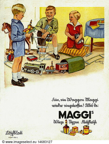 SG hist.  Spielzeug  Modelleisenbahn  Jungen und MÃ¤dchen spielen mit der Eisenbahn  Spielzeugeisenbahn  Werbung fÃ¼r Maggi WÃ¼rze  Deutschland  um 1933