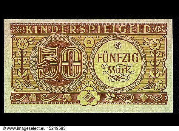 SG hist.  Spielzeug  Spielgeld  50 Mark  ZubehÃ¶r zum Spiel Mini-Markt  VEB Famos Leipzig  1960er Jahre