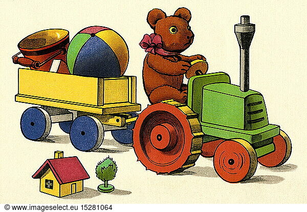 SG hist.  Spielzeug  Teddy auf Traktor  Deutschland  um 1932