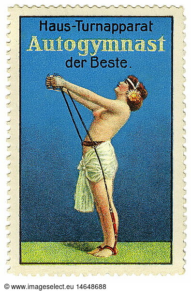 SG hist.  Sport  Gymnastik  Haus-Turnaparat Autogymnast  Frau beim Fitnesstraining zuhause  Reklamemarke  Lithographie  Deutschland  um 1912