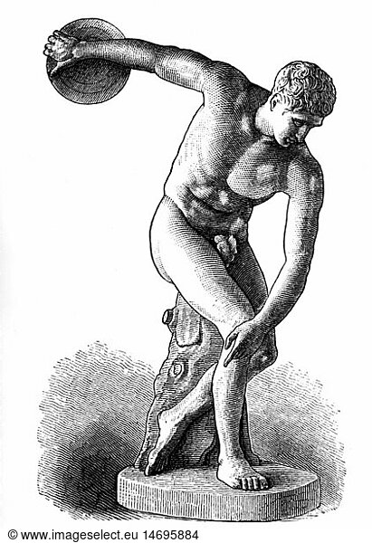 SG hist.  Sport  Leichtathletik  Diskus  Antike  Diskuswerfer  nach Statue des Myron von Eleuthera  Xylografie  19. Jahrhundert