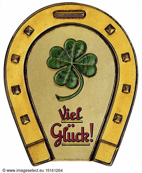 SG hist.  Symbol  GlÃ¼ckssymbole  Hufeisen  Kleeblatt  Viel GlÃ¼ck  Deckel einer uralten Lebkuchendose  Deutschland  um 1929