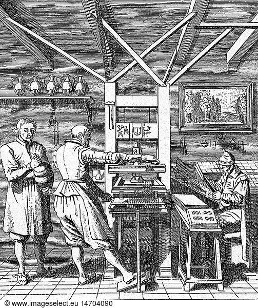 SG hist.  Technik  Buchdruck  Druckerei in Harlem  Niederlande  um 1440 SG hist., Technik, Buchdruck, Druckerei in Harlem, Niederlande, um 1440,