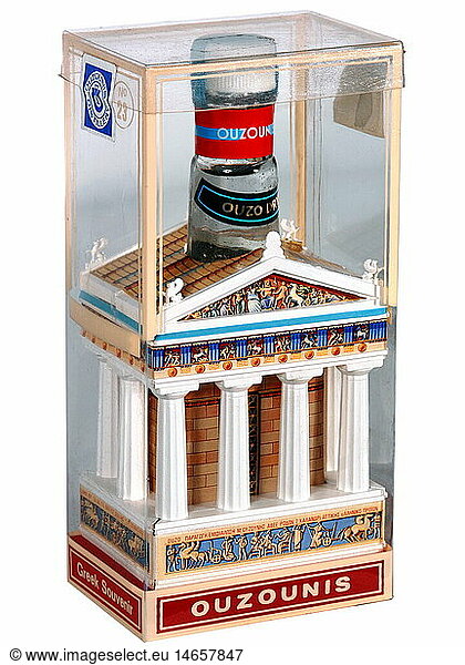 SG hist.  Tourismus  Souvenirs  Miniaturschnapsflasche in Form eines griechischen Tempels  Hersteller Ouzounis Distillery  Attica  Griechenland  1990er Jahre