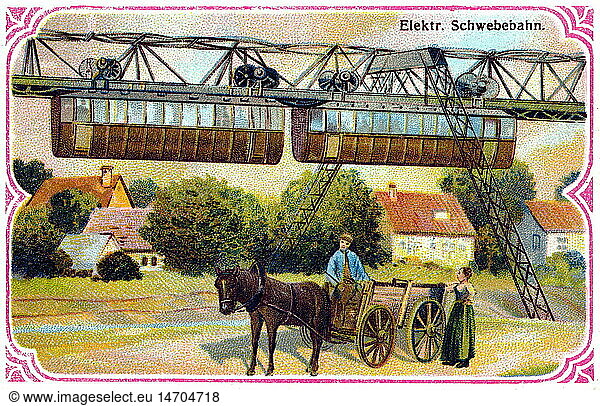SG hist.  Verkehr  Eisenbahn  Wuppertaler Schwebebahn  fÃ¼hrt Ã¼ber den Fluss Wupper  wurde 1901 erÃ¶ffnet  kostete 16 Mio. Goldmark  aus Bilderserie Verschiedene Bahnen  Lithographie  Deutschland  um 1903