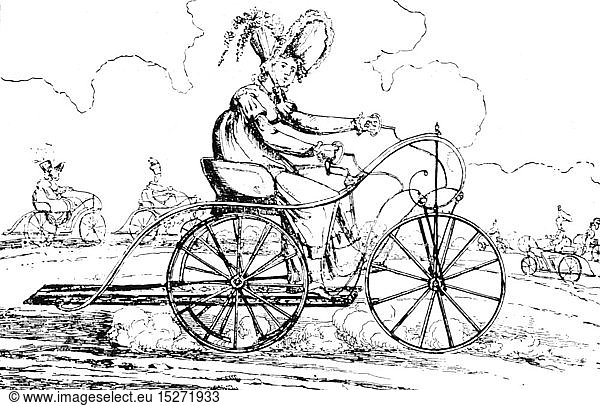 SG hist.  Verkehr  Fahrrad  Dreirad  Karikatur  Das Steckenpferd der Damen  Zeichnung von Thomas Rowlandson  England  1819