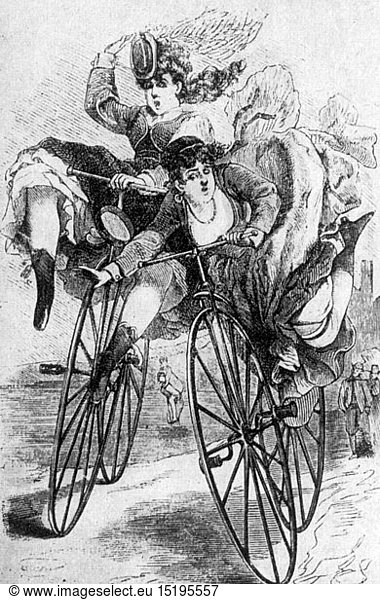 SG hist.  Verkehr  Fahrrad  Hochrad  Karikatur  Tolle Aussichten fÃ¼r fesche Hochraddamen  Zeichnung  Wien  1869