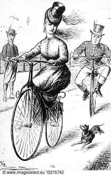 SG hist.  Verkehr  Fahrrad  Karikatur  eine Dame fÃ¤hrt ein Hochrad mit Damensattel  Xylografie  Punch  London  1869