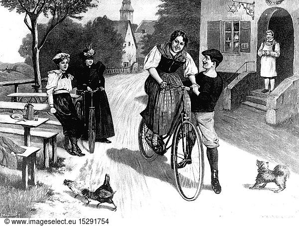 SG hist.  Verkehr  Fahrrad  Touristen aus der Stadt zeigen dem MÃ¤dchen vom Land wie man Fahrrad fÃ¤hrt  Xylografie nach Zeichnung von Widemann  Deutschland  1899