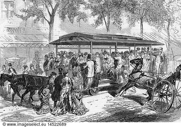 SG. hist.  Verkehr  Kommunalverkehr  StraÃŸenbahn  Pferdebahn  Philadelphia  Pennsylvania  Xylografie nach Zeichnung von Elliot  1877