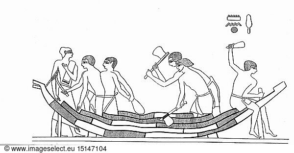 SG hist.  Verkehr  Schiffahrt  Antike  Ã„gypten  Schiffsbau  Bootsbauer bei der Arbeit  Xylografie nach Relief  um 1500 v.Chr.