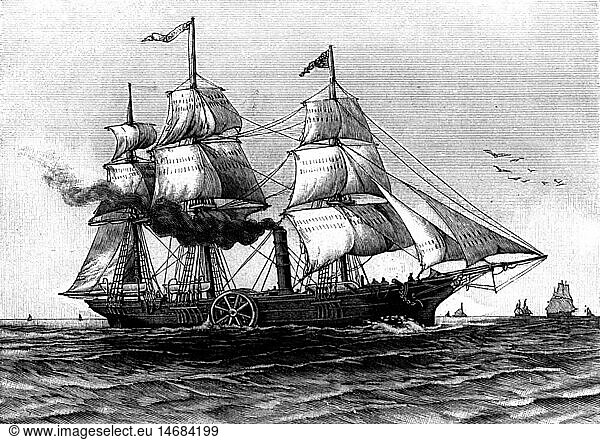 SG hist.  Verkehr  Schiffahrt  Dampfschiffe  AuÃŸen  'Savannah'  1819  Xylografie  19. Jahrhundert