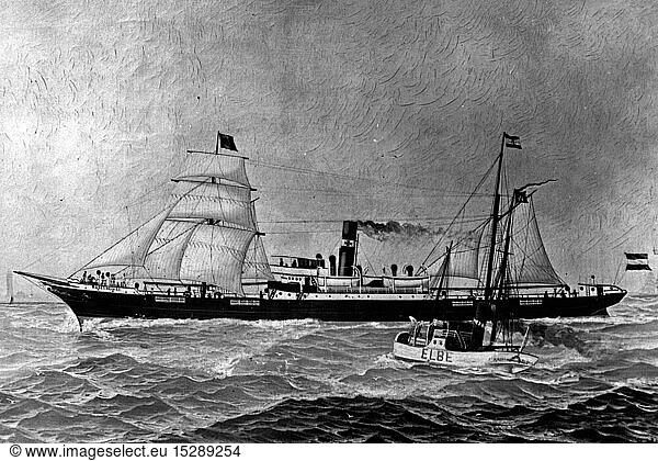 SG hist.  Verkehr  Schiffahrt  Dampfschiffe  'RÃ¼desheimer'  gebaut 1889 bei der Sunderland Shipbuilding Company  Sunderland  England  im Dienst der DDG Hansa  Bremen  1889 - 1905  nach GemÃ¤lde  um 1891