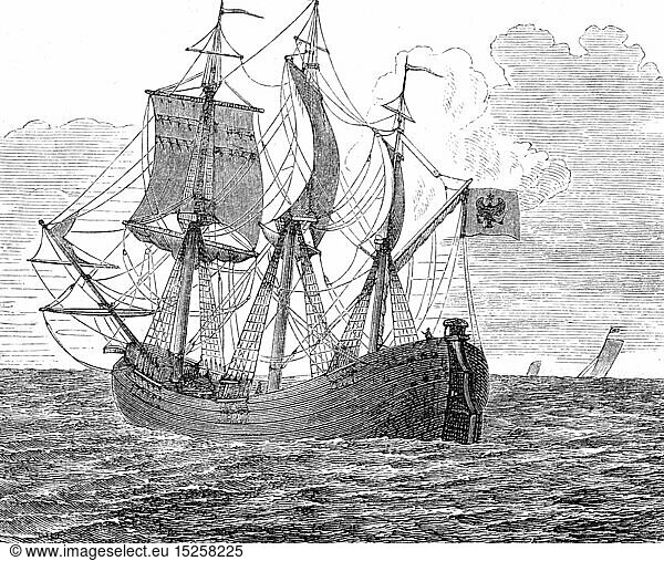 SG hist.  Verkehr  Schiffahrt  Kriegsschiffe  kurbrandenburgische Fregatte Kurprinz  Ende 17. Jahrhundert  Xylografie  19. Jahrhundert