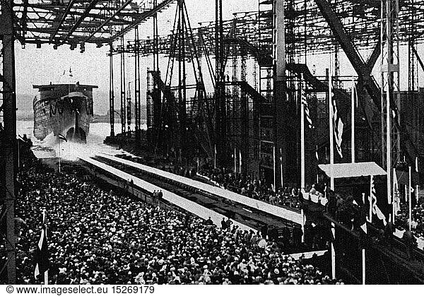 SG hist.  Verkehr  Schiffahrt  Schiffsbau  Stapellauf der 'Europa'  Werft Blohm und VoÃŸ  Hamburg  15.8.1928