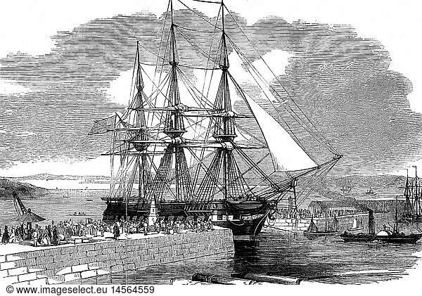 SG hist.  Verkehr  Schiffahrt  Segelschiffe  die 'HMS St. Lawrence' fÃ¤hrt in Southhampton ein  um 1850  Xylografie SG hist., Verkehr, Schiffahrt, Segelschiffe, die 'HMS St. Lawrence' fÃ¤hrt in Southhampton ein, um 1850, Xylografie,