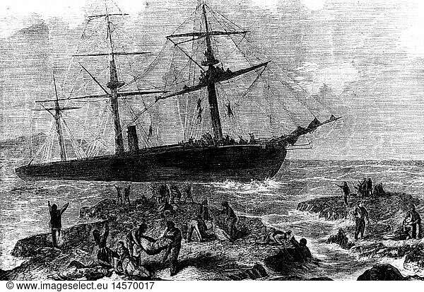 SG hist.  Verkehr  Schiffahrt  UnglÃ¼cke  gestrandetes Dampfschiff 'Union' an der schottischen OstkÃ¼ste  Xylografie  1870