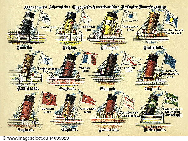 SG hist.  Verkehr  Schifffahrt  Signalwesen  Flaggen und Schornsteine EuropÃ¤isch-Amerikanischer Passagier-Dampfer-Linien  Deutschland  um 1899