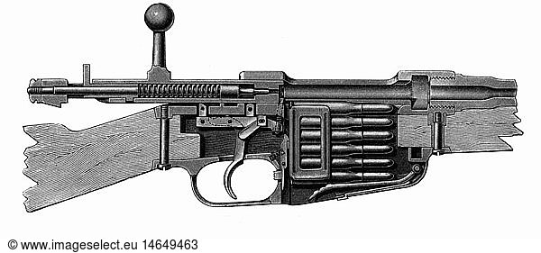 SG hist.  Waffen  Gewehre  italienisches Gewehr M-91 System Mannlicher  Durchschnitt durch den VerschluÃŸ  Kammer offen  Xylografie  1906